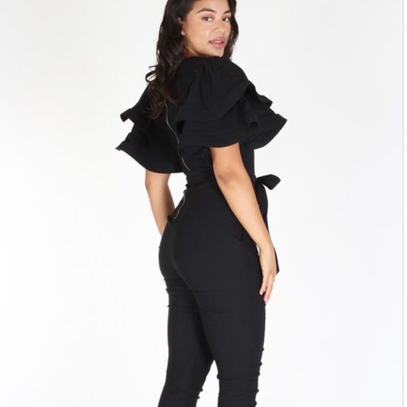 BLACK JUMPSUIT WITH FLUTTER SLEEVES - Picture 2 of 2